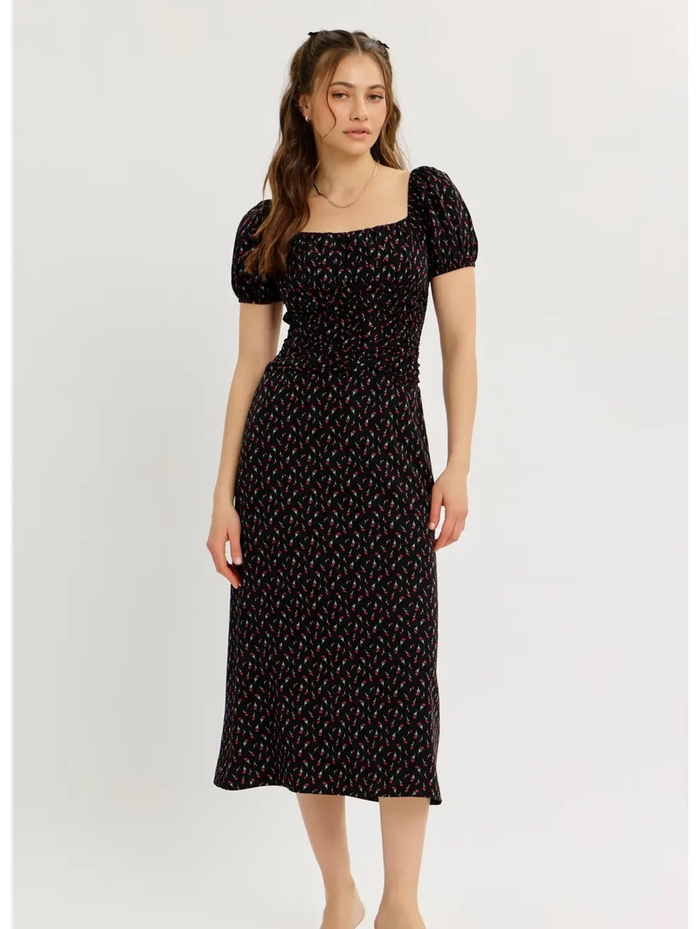 (710) Vintage Inspired Floral Midi Dress with Gathering - S - NWT